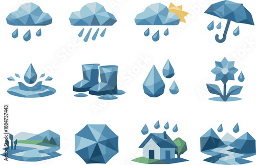 Spring Rain Icon Set. Low-poly polygonal vector icon set focused on spring rain, gentle drizzle, seasonal showers, and wet