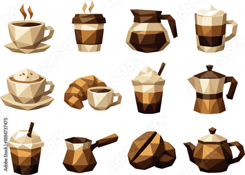 Morning Coffee Icon Set. Low-poly polygonal vector icon set focused on morning coffee, hot beverages, breakfast drinks, and