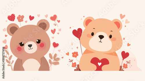 illustration of a cute bear on a Valentine's Day theme, featuring a flat design style with bold lines, pastel colors, and a minimalist aestheti