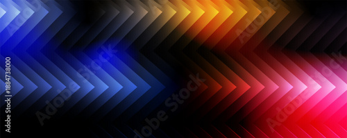 Blue Yellow Pink Neon Glass Zigzag Chevron Stripes on Black Background, Futuristic Ribbed Abstract Texture with Cinematic Glow