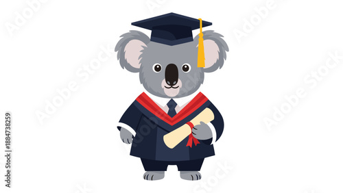 A charming cartoon koala stands proudly in a blue graduation gown and cap, clutching a rolled diploma, epitomizing the joy of academic achievement and successful completion.