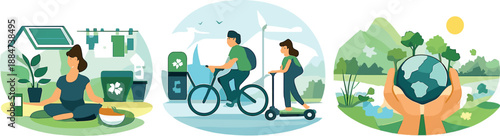 Eco Living Icons. Environmentally responsible lifestyle scene illustrated via low-impact routines, conscious mobility, and