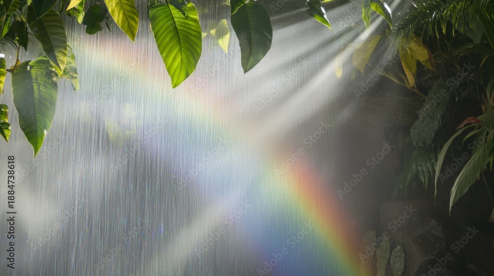 Fototapeta premium Waterfall mist forms a colorful rainbow as sunlight shines through green leaves in a tropical rainforest, showcasing the beauty of nature and tranquility