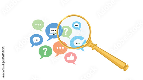 A golden magnifying glass floats above a vibrant array of colorful chat bubbles, each containing various communication icons, signifying detailed social media analysis or investigation.