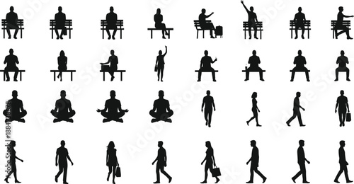 Human silhouette collection featuring men and women sitting on benches, meditating, walking, casual poses, everyday activity vector illustration set