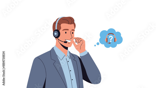 A focused male customer service representative with a headset, thoughtfully considering a query, depicted with a thought bubble showing a question mark and headset, symbolizing problem solving.
