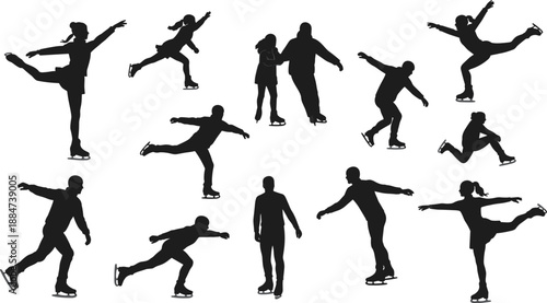 Ice skating silhouettes with diverse poses, figures skating solo and in pairs, winter sport clipart, black skating silhouettes vector