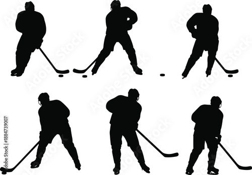 Ice hockey player silhouettes, sports action illustration, hockey stick poses, puck control, skating motion, athletic training, dynamic movement, coaching concept, fitness, competition