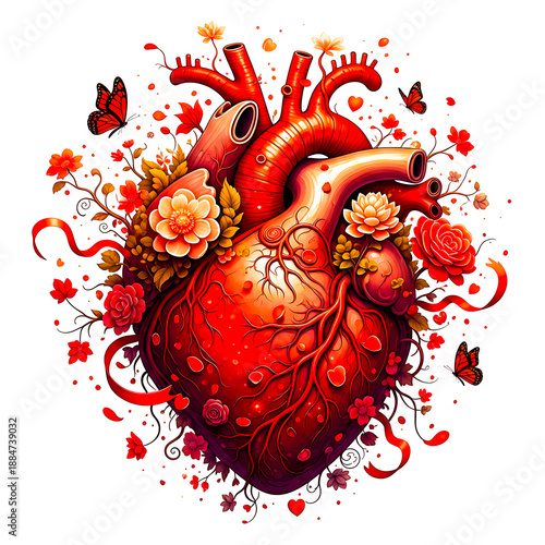 Anatomical human heart with red roses orange flowers and red butterflies on white background anatomical heart