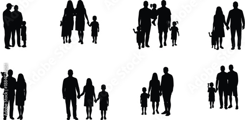 Inclusive family silhouettes on white background, diverse compositions, unity, parent-child bonding, black and white stock photo