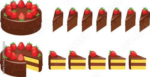 Whole chocolate cake and slices with fresh red strawberries on top including layered sponge cake pieces isolated on white background flat vector illustration