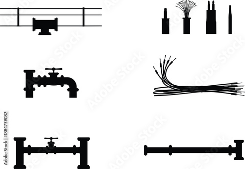 Industrial Components Silhouettes: Pipe Fittings, Valves, Cables & Construction Equipment Vector Set