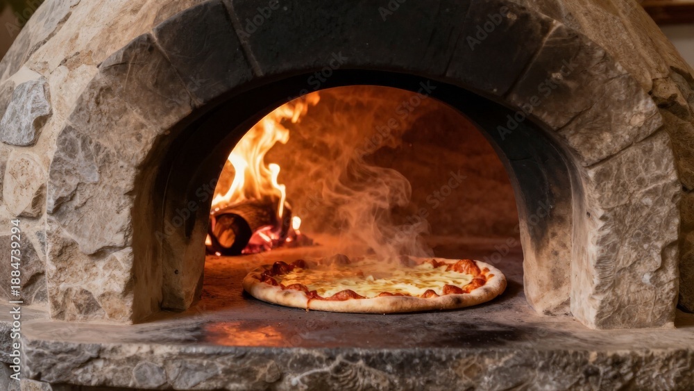 Fototapeta premium Woodfired Pizza Baking, Authentic Pizza Crust Forms Under Intense Open Flame Heat, Classic Pizza Baking Process Unfolds With Crust Blistering Over Glowing Embers In Traditional Oven