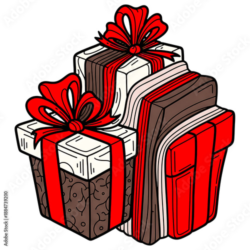 Stack of three wrapped gift boxes with red ribbons and bows present red bow presents wrapped gifts