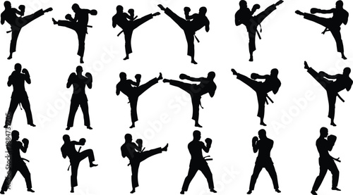 Karate fighter silhouettes, martial arts training, kickboxing action poses, self defense combat vector illustration design