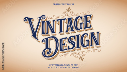Vintage design editable text effect, classic blue and gold retro typography, 3d victorian style font on beige background