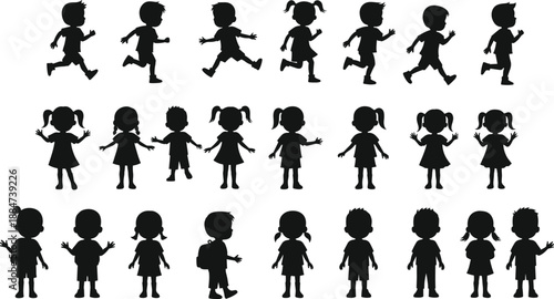 Kids silhouettes running playing standing collection, child boy girl vector illustration set, childhood activity poses, creative black silhouette design