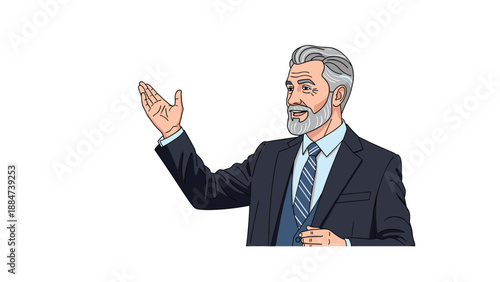 Mature businessman with a gray beard and suit gesturing with his hand while speaking, conveying professionalism and leadership during a presentation.