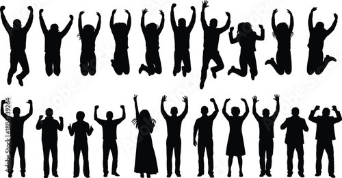 Jumping people silhouettes, group celebration poses, teamwork unity success, professional lifestyle diversity, office motivation, career growth achievement