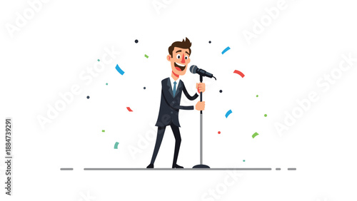 Enthusiastic man in a suit singing into a microphone on stage, surrounded by colorful falling confetti, celebrating a successful performance or achievement.