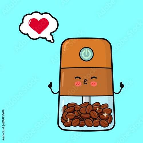Kawaii coffee grinder character showing love for fresh beans