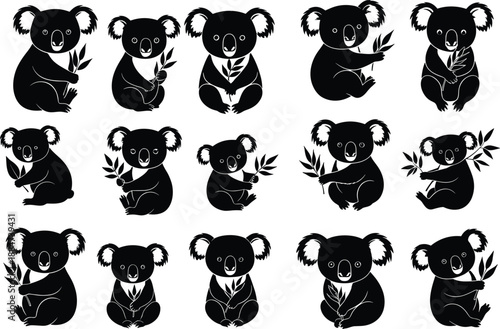 Koala silhouettes, eucalyptus leaves, animal illustration, wildlife art, cute koala design, nature pose, Australian icon