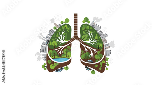 Conceptual image of human lungs filled with a lush green environment and elements of urban pollution, representing the balance between nature and industry.