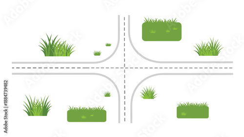Minimalistic top-down view of a crossroad with simple asphalt roads intersecting, surrounded by small patches of green grass, representing a clean, open space.