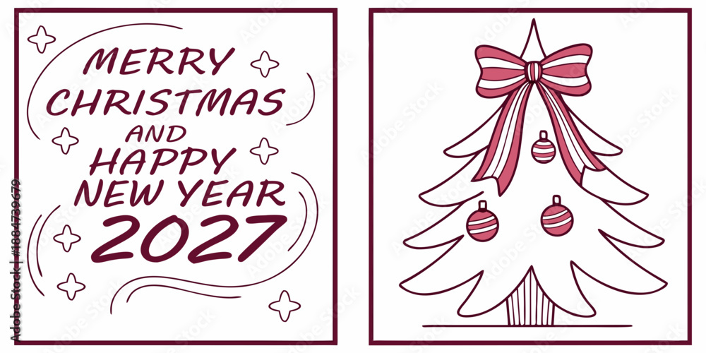 Obraz premium Merry Christmas & Happy New Year 2027 | Red Bow Outline Christmas Tree | Minimal Modern Holiday Greeting Card Art Print
