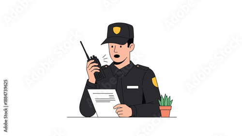 Diligent security guard in uniform holding a walkie-talkie and a document, communicating important information, maintaining order and safety.