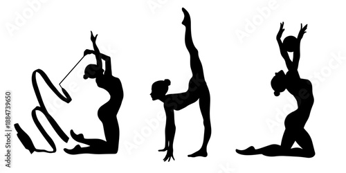 silhouette gymnastics, graceful movements, sports, art, athletic girls.  Aesthetic gymnastics. Rhythmic gymnastics