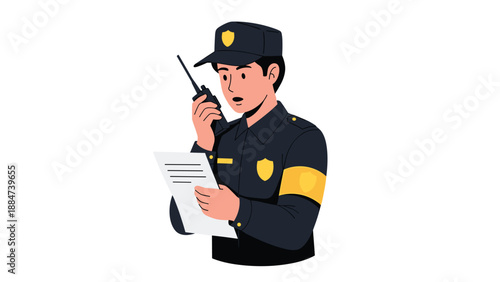 Focused security guard in uniform with a yellow armband, holding a walkie-talkie and reviewing a document, ensuring safety and compliance.