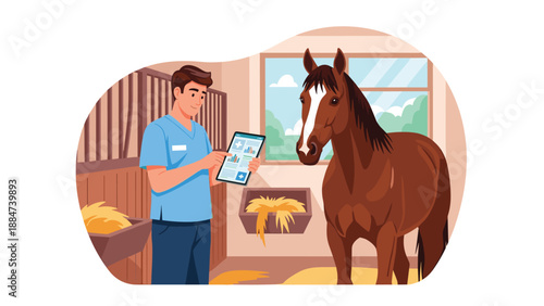 Attentive male veterinarian in scrubs reviewing a digital tablet, standing near a horse in a well-lit stable, ensuring comprehensive animal health.