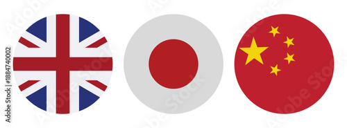 united kingdom japan and china national flags in circular badges isolated on white background vector illustration