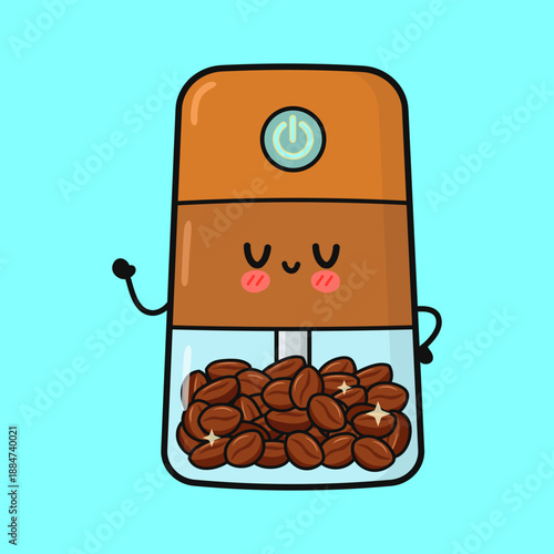 Cute electric coffee grinder character with coffee beans