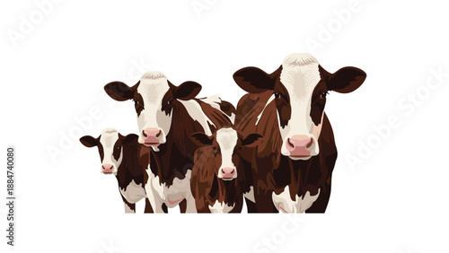 Group of five brown and white dairy cows, including adult cows and calves, standing together and looking forward, representing livestock and farm life.