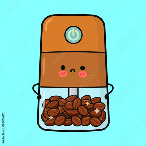 Electric coffee grinder character feeling sad with coffee beans