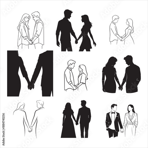 Romantic Couple Holding Hands Stylish Outline Vector