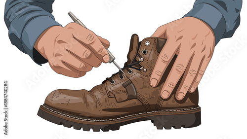 Close-up of hands meticulously repairing a worn brown leather boot with a specialized tool, demonstrating care and restoration for durable footwear.