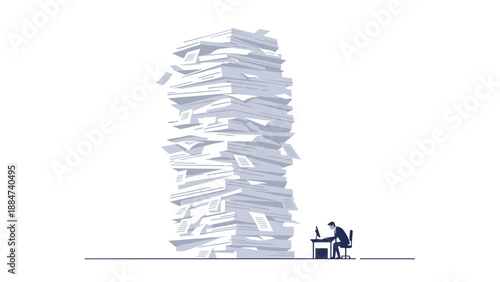 Stark visual of a tiny person working diligently at a small desk next to a towering stack of white documents, symbolizing an overwhelming workload and dedication.