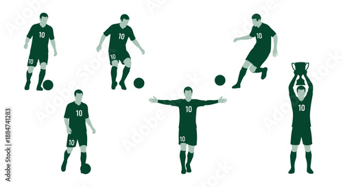 Multiple soccer player poses in action with a ball vector illustration
