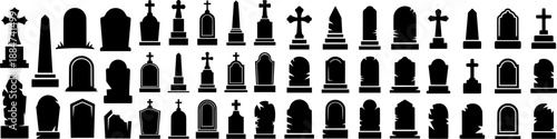 Set of black gravestone and tombstone silhouettes with crosses and cemetery monuments. Vector icons for Halloween designs, memorial graphics, gothic themes, and spooky illustrations.