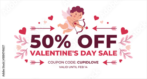 Valentine's Day 50 percent off discount voucher design with floral elements and cute Cupid character.