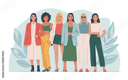A diverse group of fashionable women standing together showcasing modern style and confident attitudes in a vibrant illustration