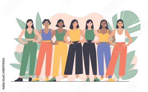 Diverse group of women standing together in stylish clothing showcasing inclusivity and modern fashion trends