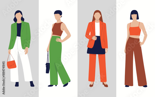 Four fashionable women illustrated in diverse outfits showcasing modern style and vibrant color palettes