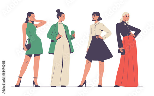 Four fashionable women standing in a row each showcasing unique and modern style choices