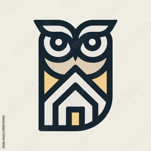 Owl logo with house and yellow accents on beige background