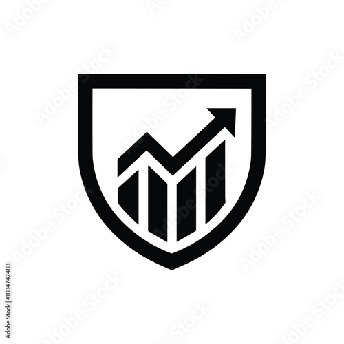 Black shield icon with graph and arrow on for business security concept