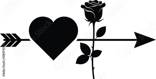 A black heart with an arrow and rose on a white background
